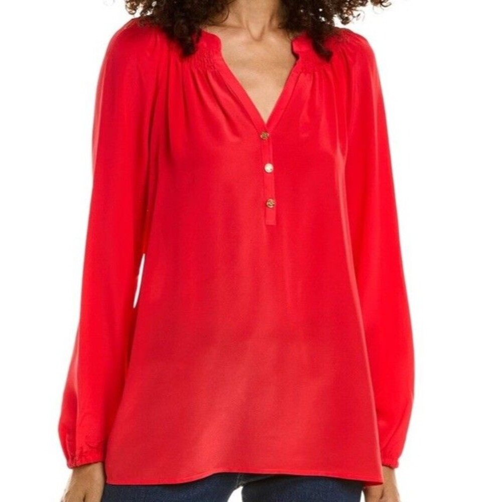 Lilly Pulitzer Size XS Elsa Silk Blouse Long Sleeve Red Coral